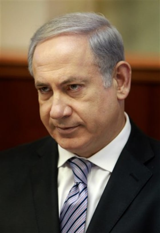 Israeli Prime Minister Benjamin Netanyahu chairs the weekly cabinet in Jerusalem on Sunday, Oct. 31. Netanyahu says he is heading to the U.S. next week to discuss Mideast peace efforts with Vice President Joe Biden.